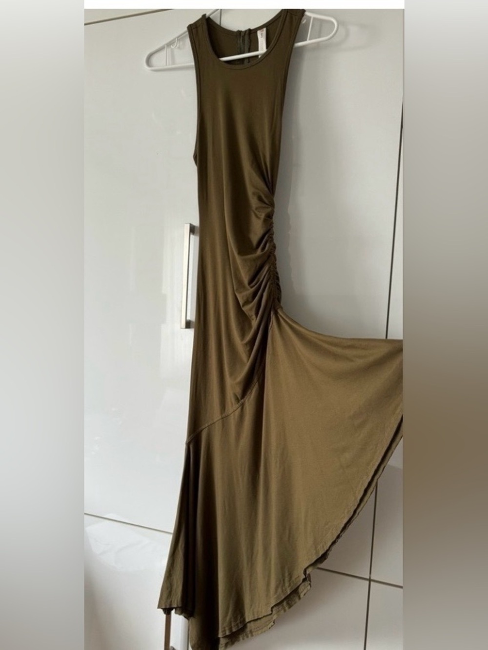 NWT Size XXS- Anthropologie Printed Ruched Asymmetrical-Hem dress in OLIVE DRAB